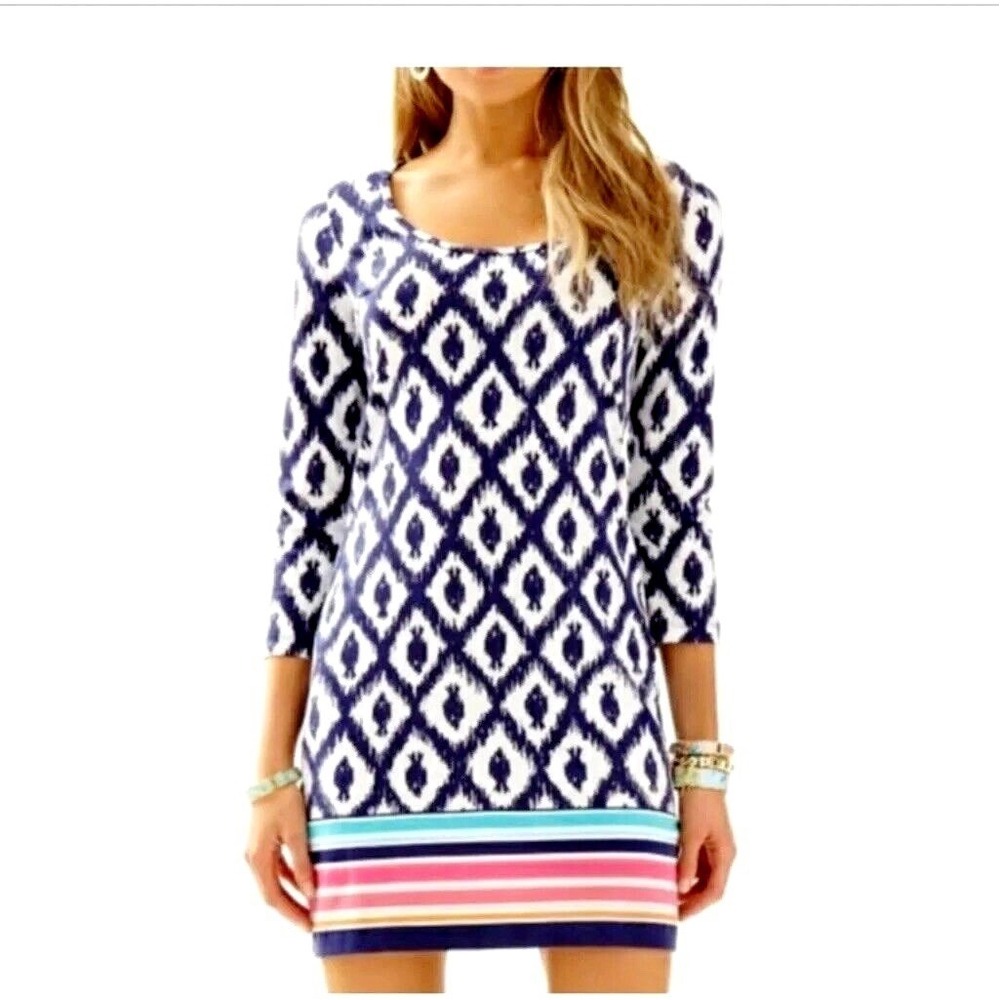 EUC Lilly Pulitzer Beacon Dress in Bright Navy Little Fish Engineered Size SMALL